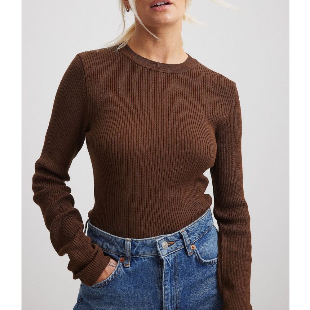 NA-KD Ribbed Knitted Round Neck Sweater Brown Neutral Stretch Size Large